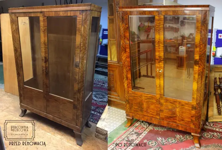 Orzechowa witryna art deco przed i po renowacji