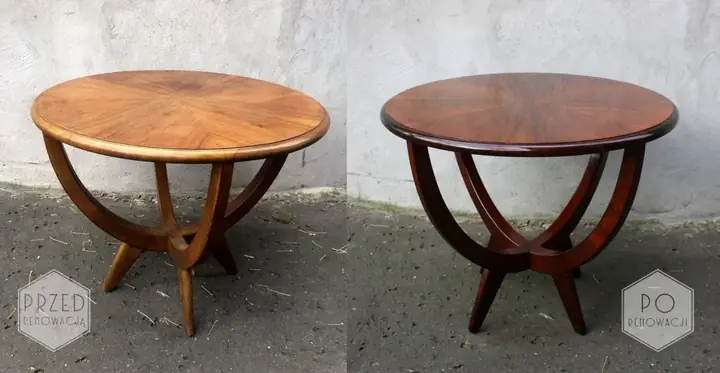 Stolik modernistyczny typ 682a przed i po renowacji